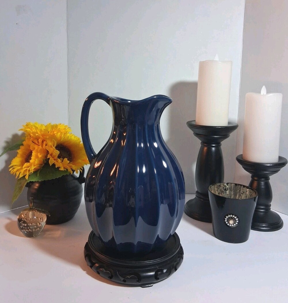 IKEA VANLIGEN Ceramic Pitcher/Vase Fluted Ribbed Jug Dark Navy; Retired! 10”H